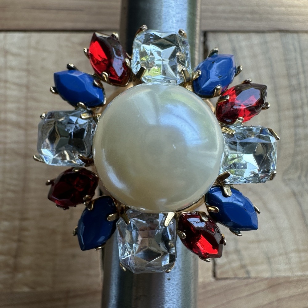 Arnold Scaasi Flower Ring Size 6 Faux Pearl‎ Blue Red White Crystal Gold Plated